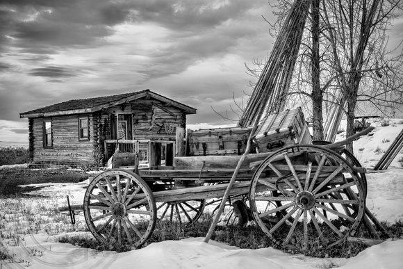 Wooden Wagon and Log House-Crow Agency MT-12-17-2013-bw