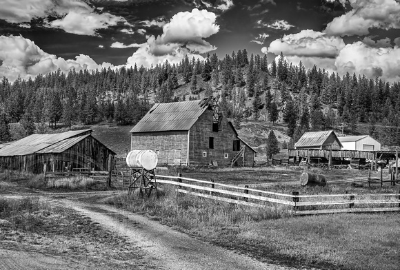 Old barn and white fence-Montana-6-21-2018-bw