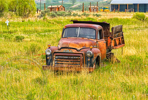 GMC truck abandoned in a field