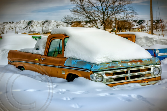 Dodge Pickup covered in snow