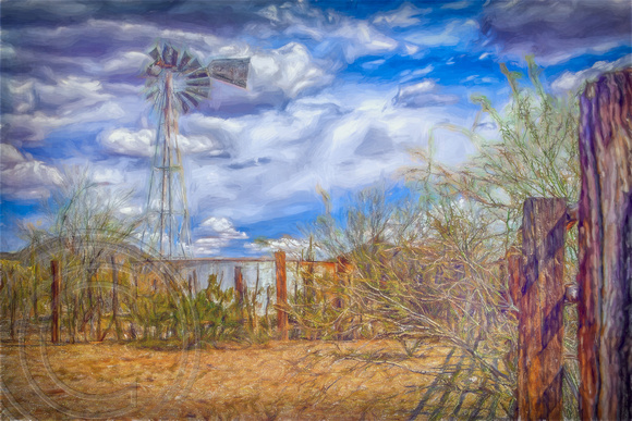 Impressoinist water tank and windmill in Arizona